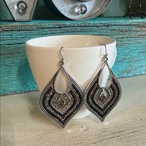 Plunder Garland Earrings w/Sparkly gray, black & silver gems/antique teardrop